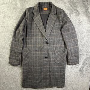 POL Womens L Gray Plaid Wool Blend Long Coat Jacket Blazer Style Hand Pockets